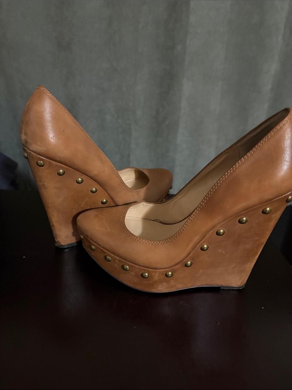 Donald J. Pliner Tan Leather Studded Wedge Pumps